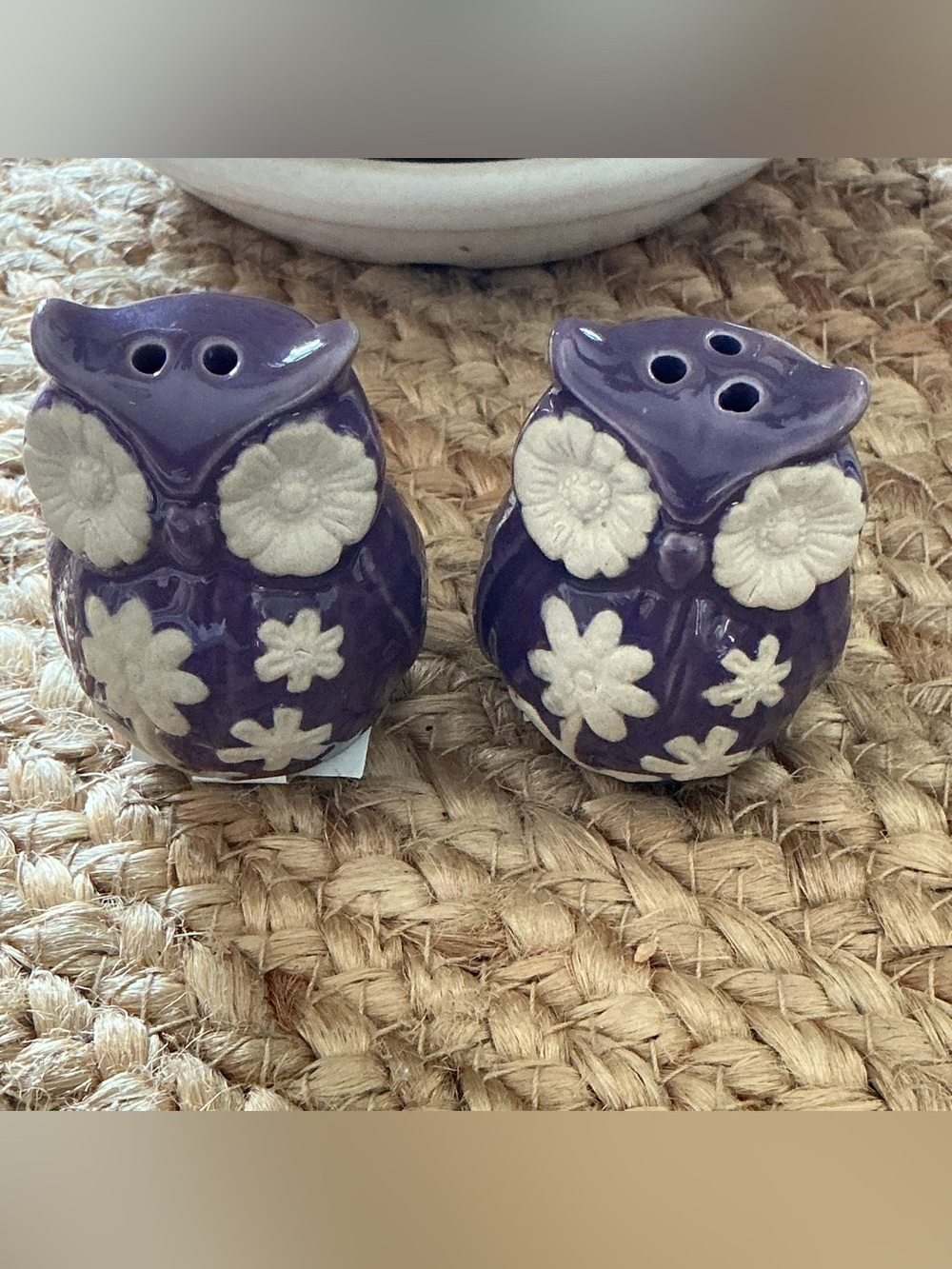 NWT Purple Owls with White Flowers Ceramic Salt Pepper Shaker